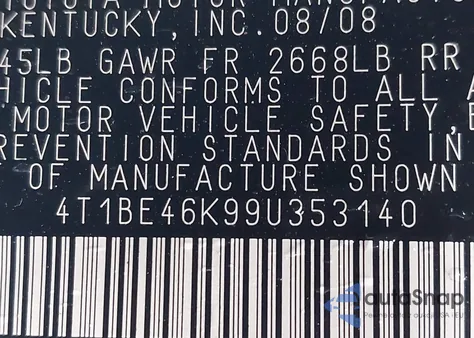 2009 Toyota Camry Le z USA, uszkodzony, nr VIN 4T1BE46K99U353140